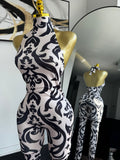 Printed Halter Sleeveless Lace-Up Jumpsuit