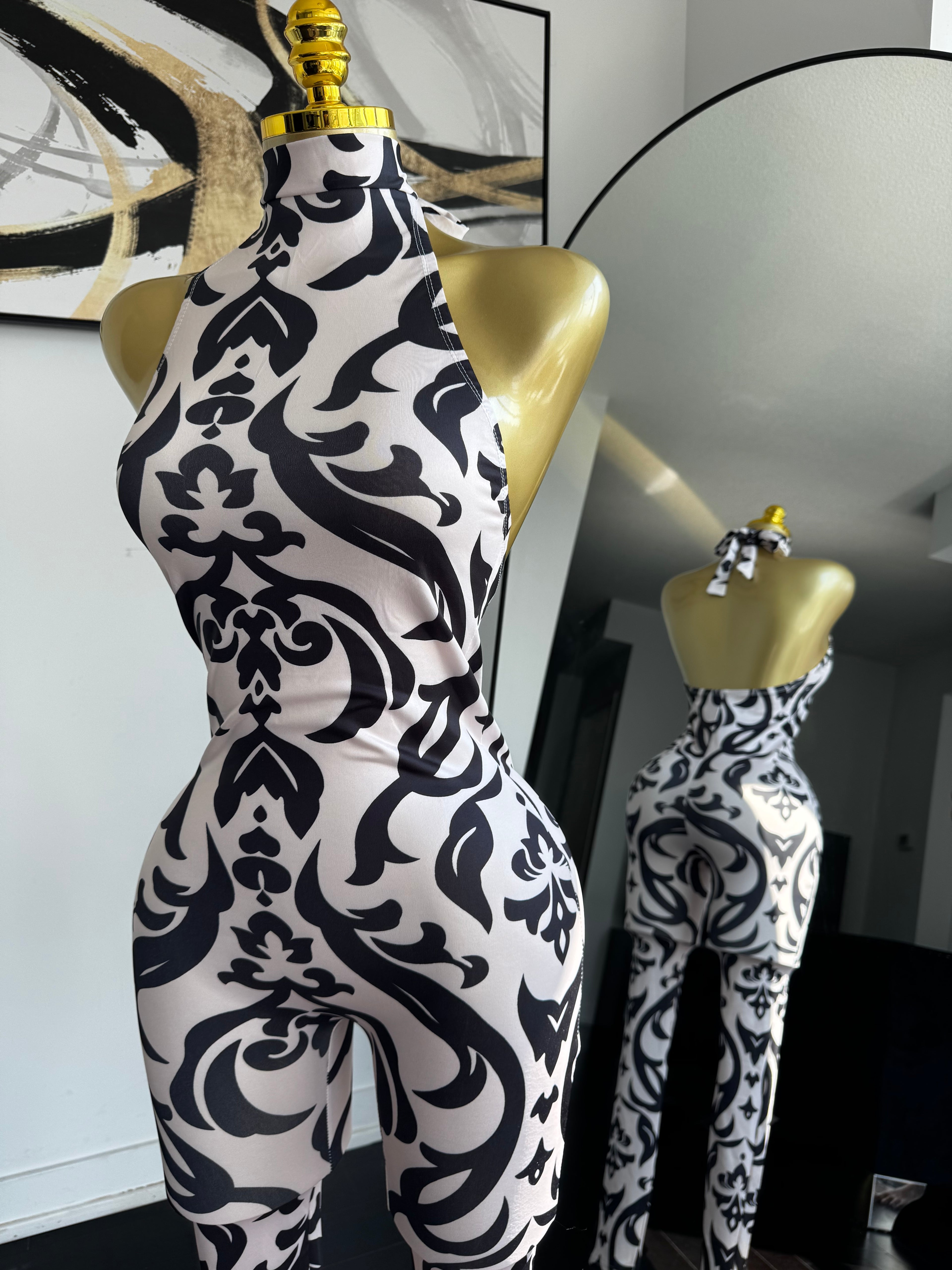 Printed Halter Sleeveless Lace-Up Jumpsuit