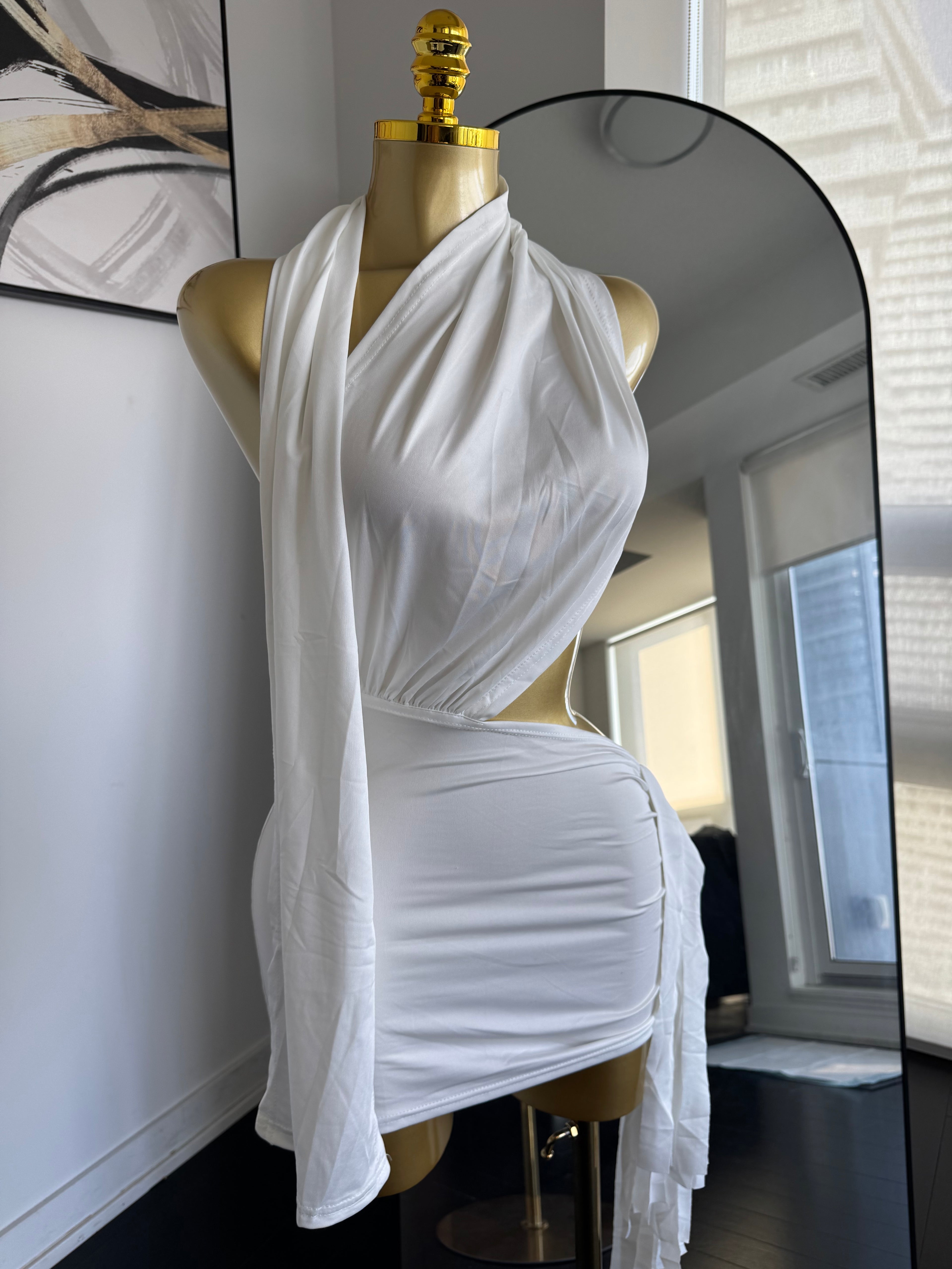 Ivory Luxe Halter Mini Dress
